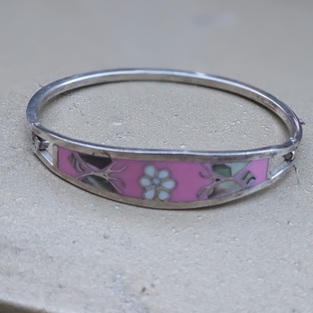 Floral Pink and Silver Bangle Bracelet Vintage Taxco Mexico